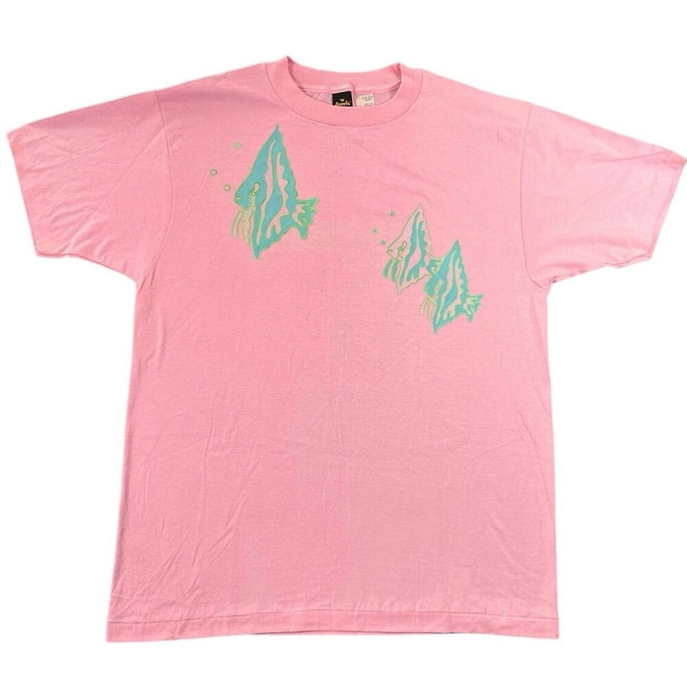 Vintage 90s Pink Tropical Fish Single Stitch T Shirt Anvil Graphic Tee USA - XL